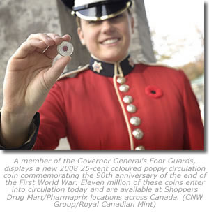 A Governor General's Foot Guards membe  displays a new 2008 25-cent coloured poppy circulation coin