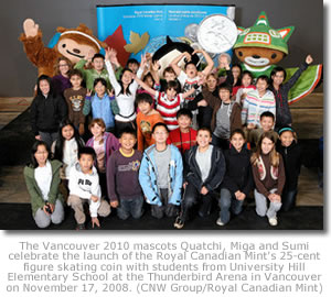 Vancouver 2010 mascots and kids celebrating Royal Canadian Mint 25-cent coin release
