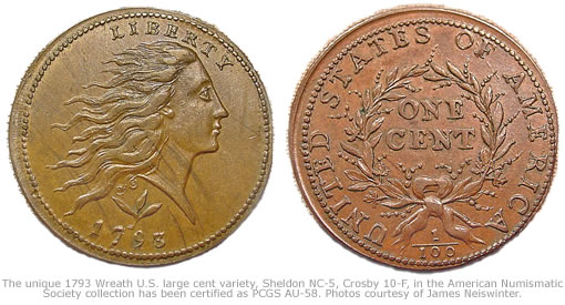1793 Wreath U.S. large cent variety, Sheldon NC-5, Crosby 10-F