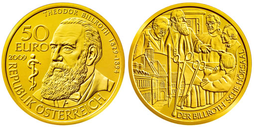 Austria 2009 50 Euro Theodor Physician Billroth Gold Coin