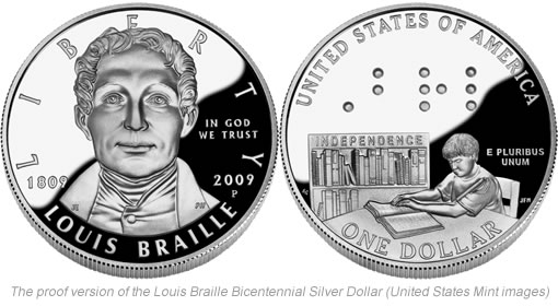 2009 Proof Louis Braille Bicentennial Silver Dollar