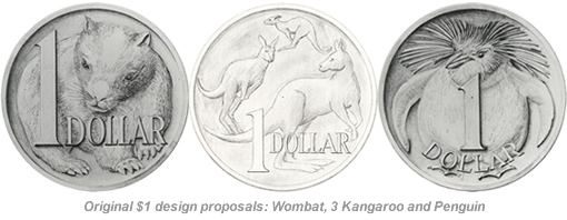 Original $1 coin design proposals: Wombat, 3 Kangaroo and Penguin