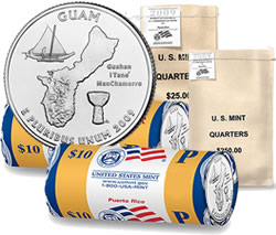 Guam quarters in US Mint bags and rolls