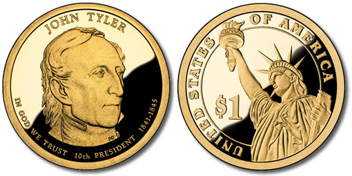John Tyler Presidential $1 Coin: Proof version, Obverse and Reverse