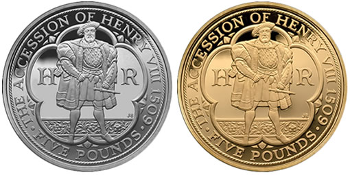 2009 UK Henry VIII £5 Anniversary Silver and Gold Coins