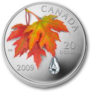 2009 Autumn Showers Crystal $20 Canadian Raindrop Silver Coin