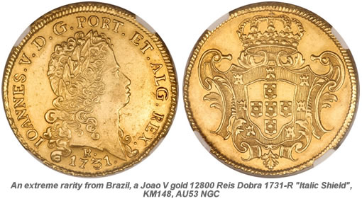 Rare Joao V gold 12800 Reis Dobra 1731-R