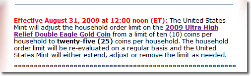 US Mint UHR $20 Gold Coin Limit Increase Message