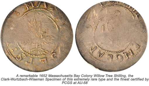 1652 Massachusetts Bay Colony Willow Tree Shilling