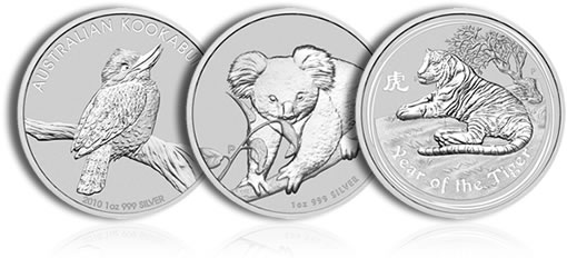 2010 Australian Silver Bullion Coins: Kookaburra, Koala, Lunar Tiger