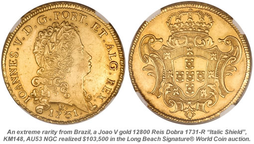 Brazil 12800 Reis Dobra 1731-R 'Italic Shield'