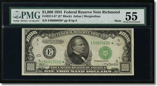 Richmond Fr. 2211-E* $1000 1934 Federal Reserve Note. PMG About Uncirculated 55.