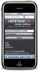 Heritage Auctions website on iPhone