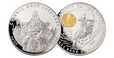Kazakhstan Mint 100 Tenge Genghis Khan Silver Coin