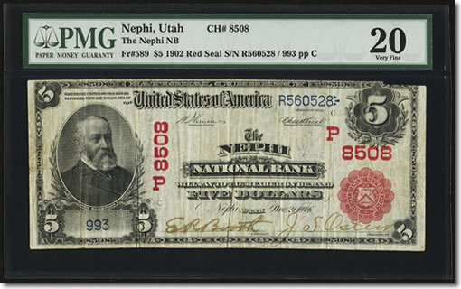 $5 1902 Red Seal Fr. 589 The Nephi NB
