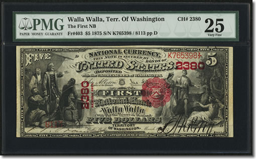Walla Walla, Washington Territory - $5 1875 Fr. 403 The First NB