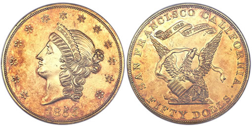 1855 Kellogg & Co. Fifty Dollar gold coin