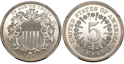 Original 1867 Rays Gem Cameo Proof Shield Nickel