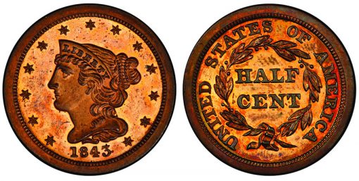 1843 Half Cent PCGS PR64 Cameo