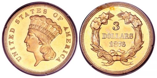 1876 three dollar gold piece