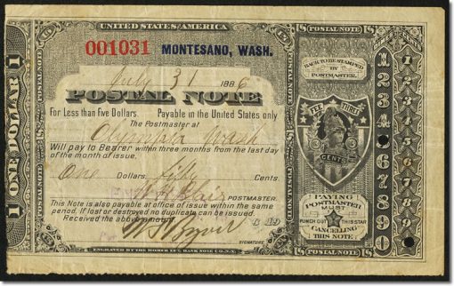 Montesano, Washington Territory- Postal Note Type II $1.50