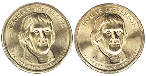 The uncirculated Jefferson Presidential $1 coin on the left features a satin finish. The right business strike Jefferson Presidential $1 coin has a brilliant finish.