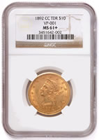 1892-CC $10 gold eagle coin