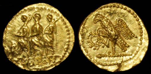 Roman consul, Brutus, in center, standing left, accompanied by two lictors, each with sceptres or baton over shoulder. Rev: no legend, eagle standing left on sceptre, wings open, raising wreath in left foot