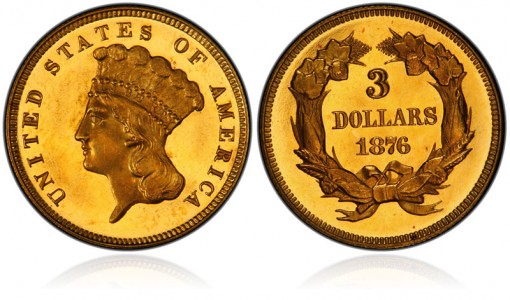 1876 $3 gold coin