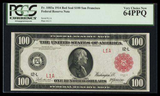 $100 1914 San Francisco Serial Number One Red Seal