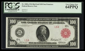 1914 San Francisco Serial Number One Red Note