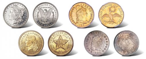Four of many rare coins in Heritage June 2011 Long Beach Auction