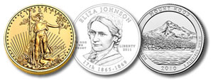 Uncirculated Gold Eagle, Eliza Gold Coin Design, Mount Hood Quarter