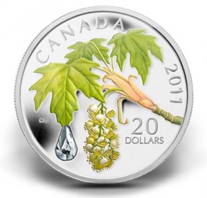 2011 $20 Bigleaf Maple Leaf Crystal Raindrop Silver Coin