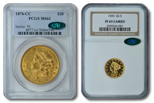 1876-CC Liberty Double Eagle and 1905 Liberty Quarter Eagle Gold Coins