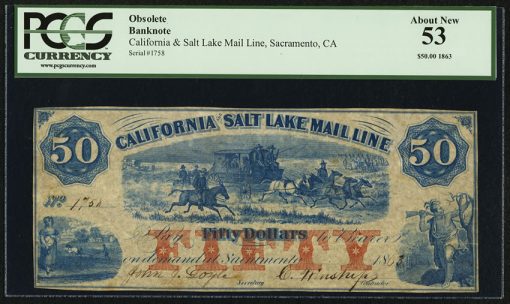 Salt Lake City, UT- California and Salt Lake Mail Line $50 1863