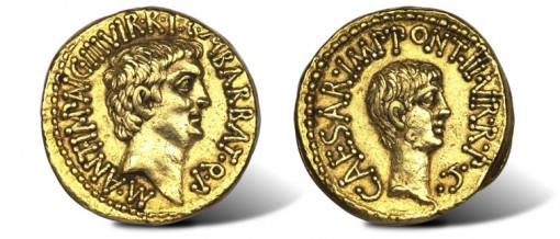 ancient gold aureus of Marc Antony and Octavian