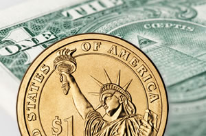 Dollar bill and $1 coin