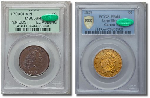 1793 Chain cent PCGS MS65 Brown and 1829 $5 PCGS Secure Plus PR64