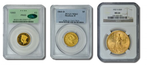 1860 $3 Gold Piece, 1860 Liberty Half Eagle and 1927-S Double Eagle