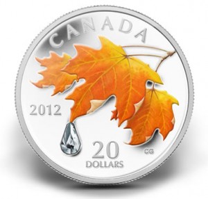 2012 $20 Sugar Maple Leaf Cyrstal Raindrop Silver Coin