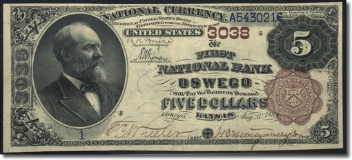 Oswego, KS - $5 1882 Brown Back Fr. 467