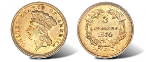 Near-Mint 1854-D Three Dollar