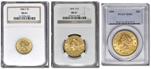 Liberty Head $5, $10 and $20 Certified Gold Liberty coins