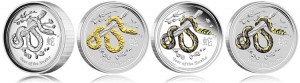 Australian 2013 Year of the Snake Silver Coins - High Relief, Gilded, Colored, Gemstone