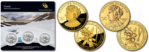 Denali Quarters Three-Coin Set and Caroline Harrison First Spouse Gold Coins