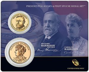 Harrison Presidential $1 Coin and First Spouse Medal Set