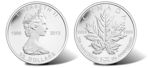 2013 $50 Reverse Proof 25th Anniversary Silver Maple Leaf Commemorative Coin