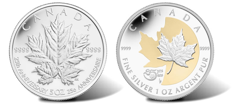 Canada 2013 25th Anniversary of SML $5 Pure Silver Maple Leaf Gold Plating 