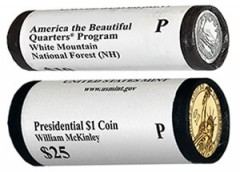 Rolls of White Mountain Quarters and McKinley Presidential $1 Coins